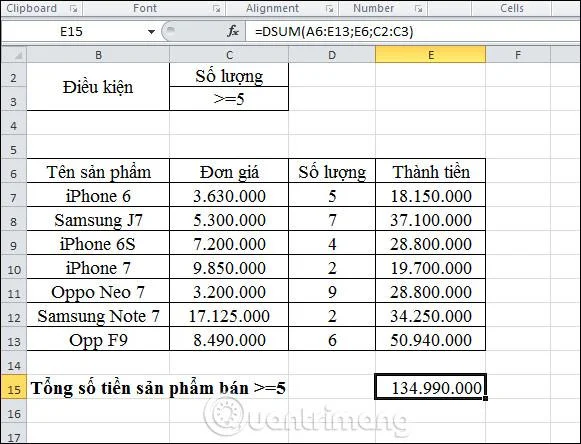 Résultat de la formule DSUM pour les quantités supérieures ou égales à 5