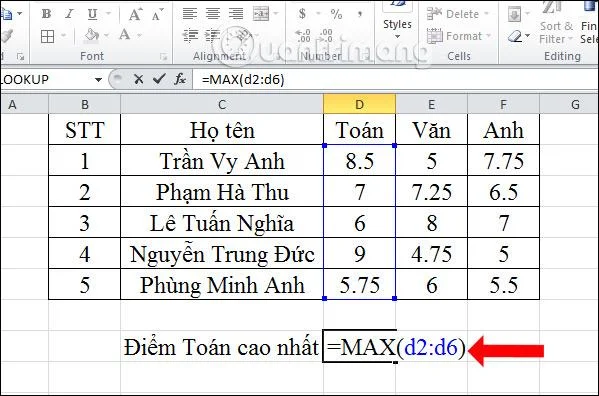 ค้นหาคะแนนคณิตศาสตร์สูงสุดใน Excel