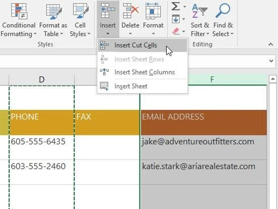 Excel 2016 - Insérer des cellules coupées