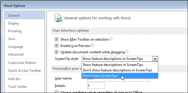Anweisungen zum Deaktivieren von ScreenTip in Word 2013