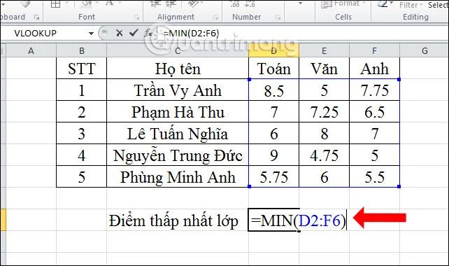 ค้นหาคะแนนต่ำสุดใน Excel