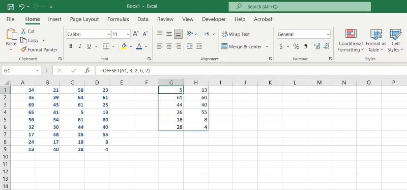 Fungsi mengimbangi dalam Excel