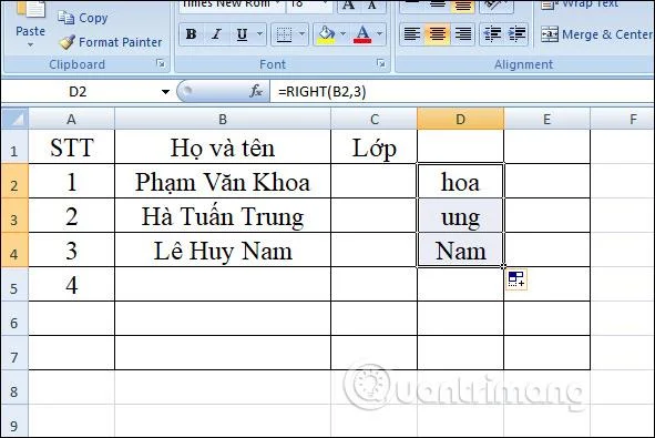 SAĞ işlevi, Excel'de karakter dizesini sağa kesmek için işlevin nasıl kullanılacağı