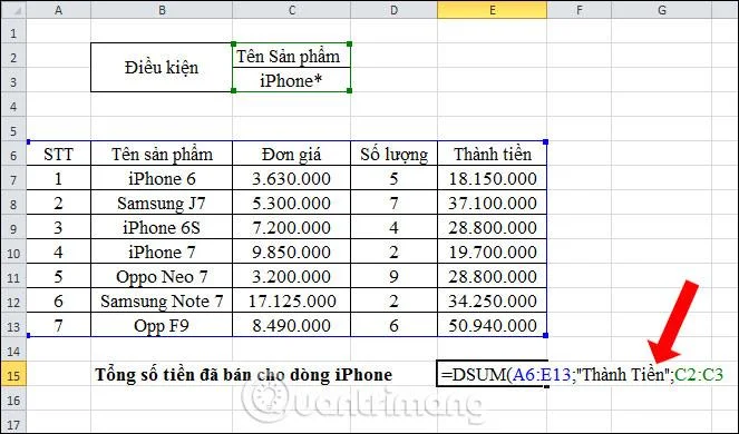 Formule DSUM entrée dans Excel