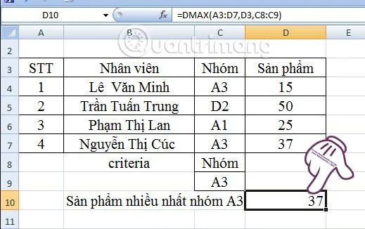Excel'de Dmax işlevinin nasıl kullanılacağına ilişkin talimatlar