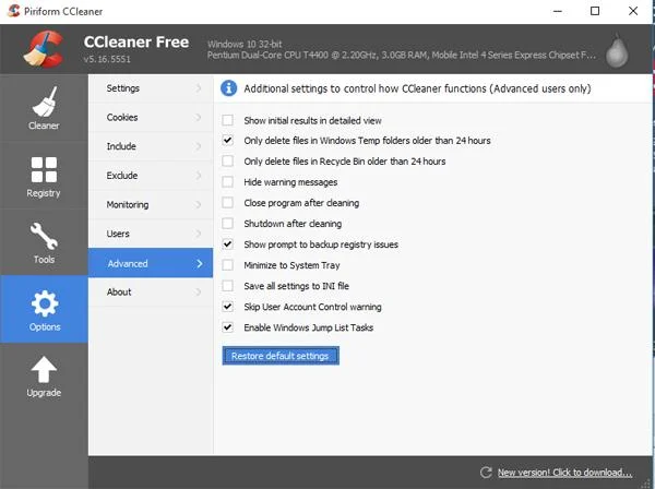 CCleaner için fabrika ayarlarını geri yükleme talimatları