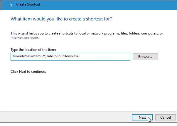 Arahan untuk membuat pintasan Slaid untuk Matikan pada komputer Windows 10