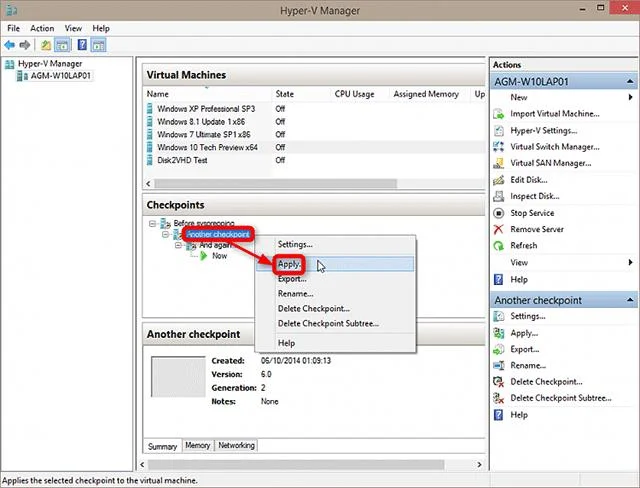 Cara membuat dan menggunakan pusat pemeriksaan Hyper-V dalam Windows 10
