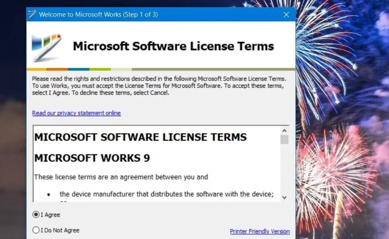Fenêtre de bienvenue de Microsoft Works