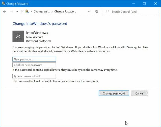 Bagaimana untuk mengalih keluar atau menukar kata laluan akaun tempatan dalam Windows 10