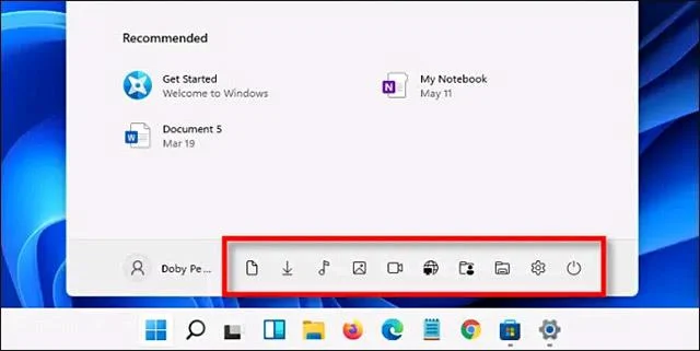 Menu Démarrer de Windows 11 avec raccourcis de dossiers