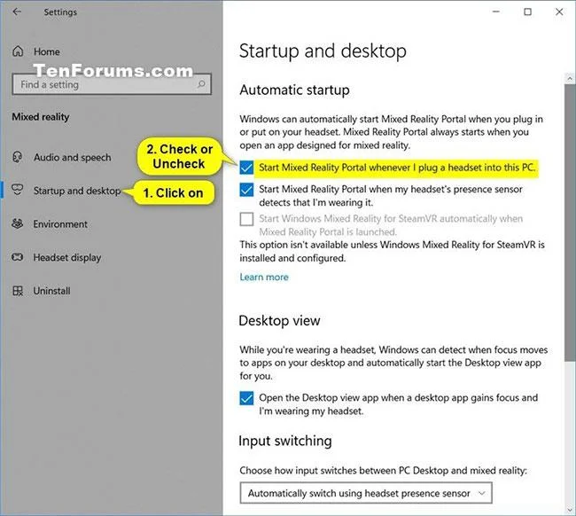 Windows 10'a bir kulaklık takıldığında Karma Gerçeklik Portalı başlatma seçeneği nasıl etkinleştirilir/devre dışı bırakılır