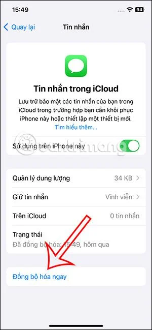 Arahan untuk menyegerakkan mesej ke iCloud pada iPhone