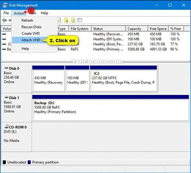 Windows 10 で VHD および VHDX ファイルを添付および分離する方法