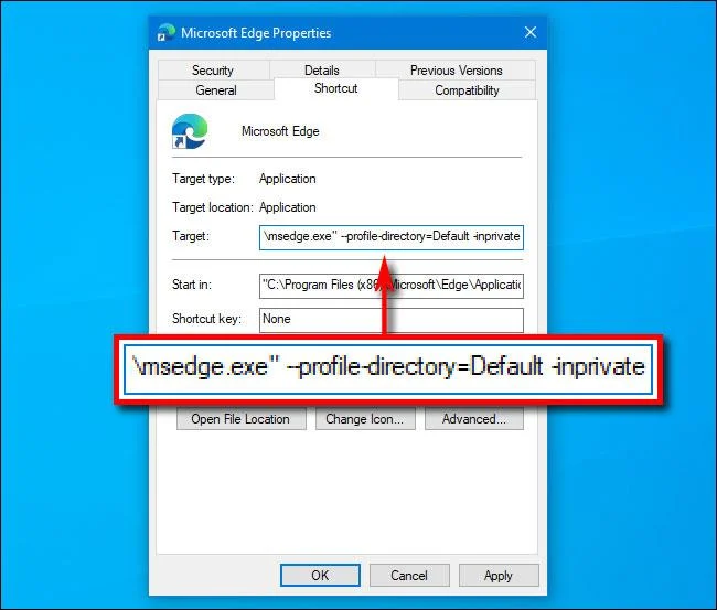 Добавление режима InPrivate в ярлык Microsoft Edge