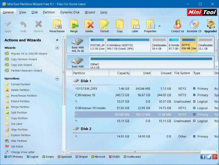 Begini cara untuk memadamkan partition Recovery dan partition Recovery 450 MB pada Windows 10