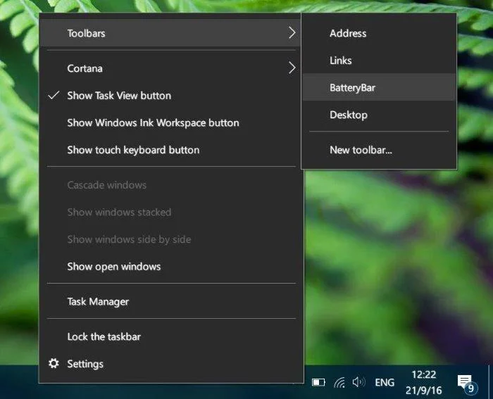 Arahan untuk memaparkan peratusan bateri pada Bar Tugas Windows 10