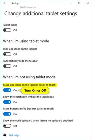 Cara menghidupkan/mematikan Jadikan Ikon Bar Tugas Lebih Mudah Disentuh apabila memasuki Postur Tablet pada Windows 10