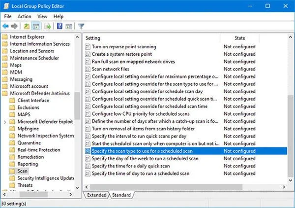 Microsoft Defender'da varsayılan zamanlanmış tarama türü nasıl değiştirilir?
