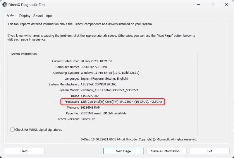 DirectX診断ツールでのIntelプロセッサの世代確認