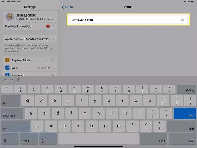 Arahan untuk menukar nama iPad