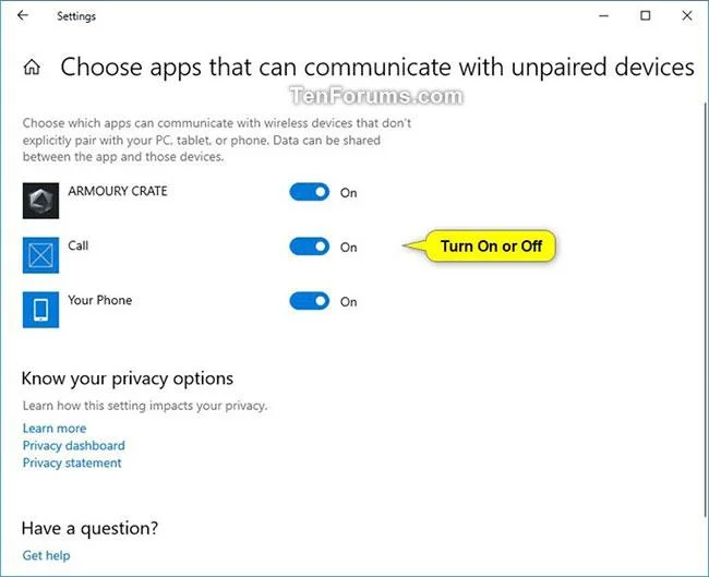 Comment activer/désactiver l'option permettant aux applications de communiquer avec des appareils non couplés dans Windows 10