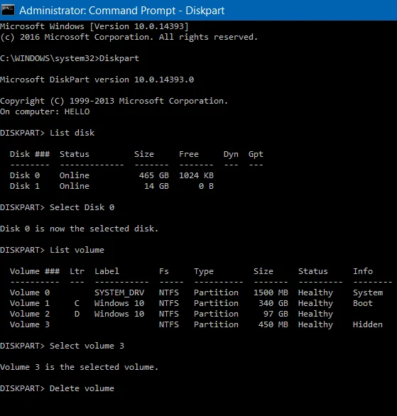 Begini cara untuk memadamkan partition Recovery dan partition Recovery 450 MB pada Windows 10