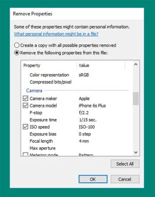 Istruzioni per eliminare le proprietà delle foto in Windows 10