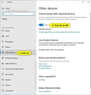 Comment activer/désactiver loption permettant aux applications de communiquer avec des appareils non couplés dans Windows 10