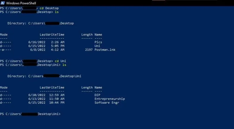 Windows'ta ls komutuna eşdeğer seçenek nasıl kullanılır?