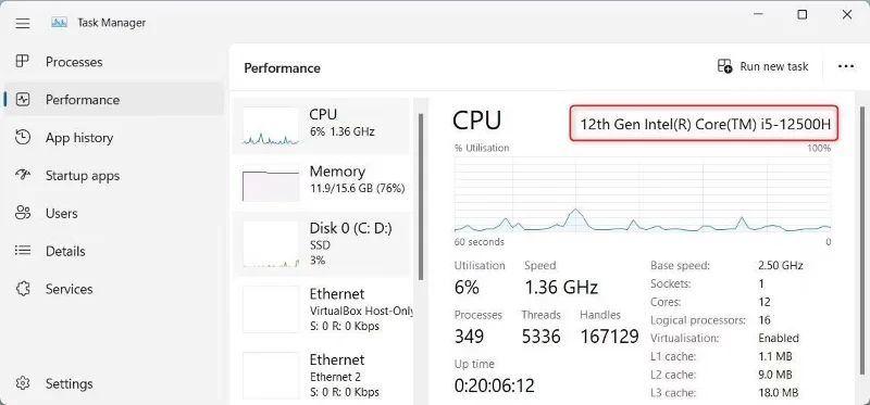 タスクマネージャーでのIntelプロセッサの世代確認