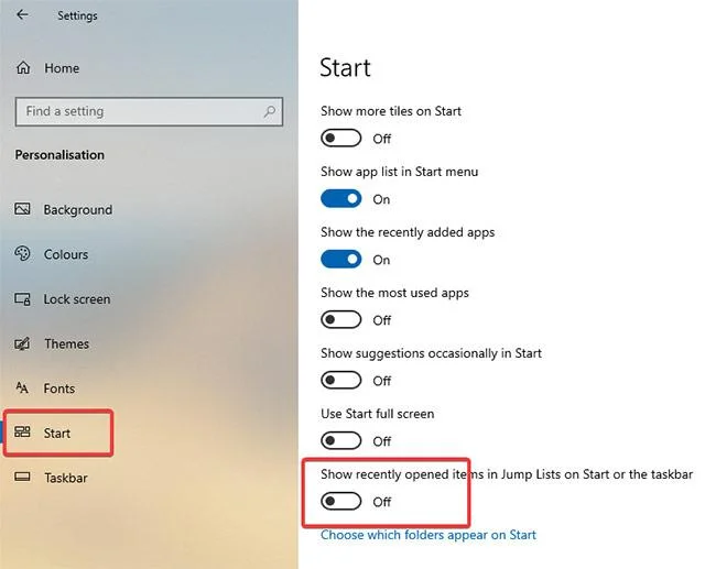 Bagaimana untuk mematikan paparan item dan tempat yang baru dilawati dalam Windows 10