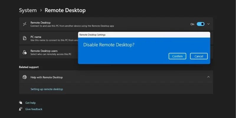 ปิดการใช้งาน Remote Desktop ใน Settings