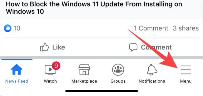 Facebookアプリのメニュー