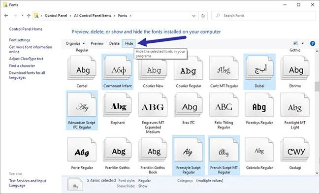 Bagaimana untuk menunjukkan/menyembunyikan fon dalam Windows 10/8