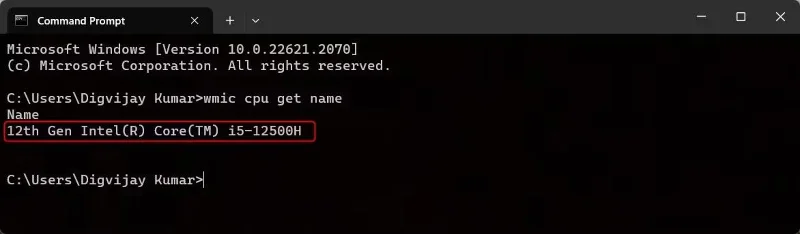 コマンドプロンプトでのIntelプロセッサの世代確認