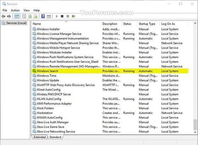Windows Search サービスの停止と再起動