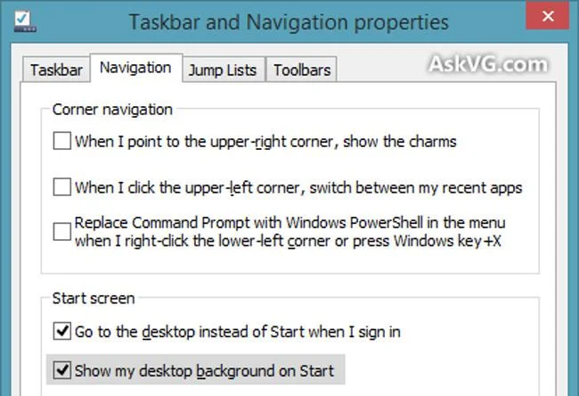 Tetapkan imej latar belakang Desktop sebagai imej latar belakang Skrin Mula pada Windows 8.1
