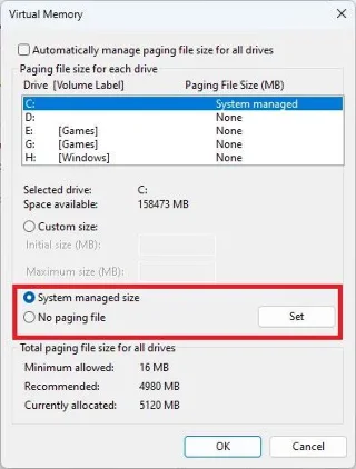 Windows でページファイルのサイズと位置を変更する手順