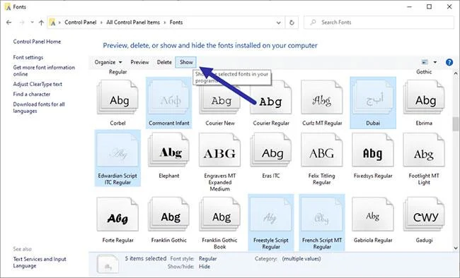 Bagaimana untuk menunjukkan/menyembunyikan fon dalam Windows 10/8