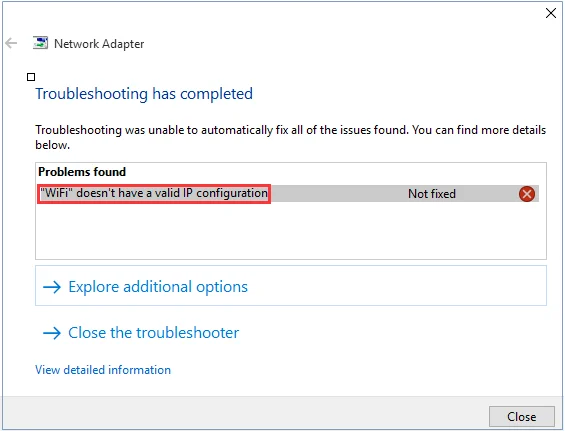 Correggi rapidamente l'errore "Il WiFi non ha una configurazione IP valida" su Windows 10