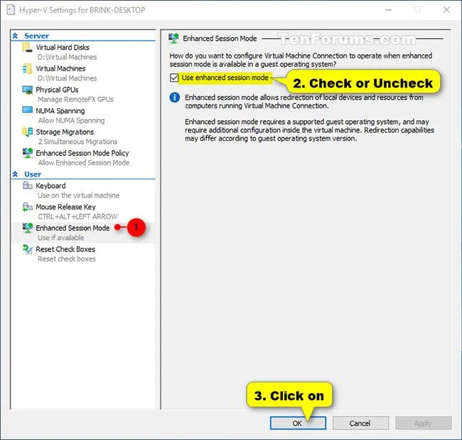 Windows 10'da Hyper-V Gelişmiş Oturum Modu nasıl etkinleştirilir/devre dışı bırakılır