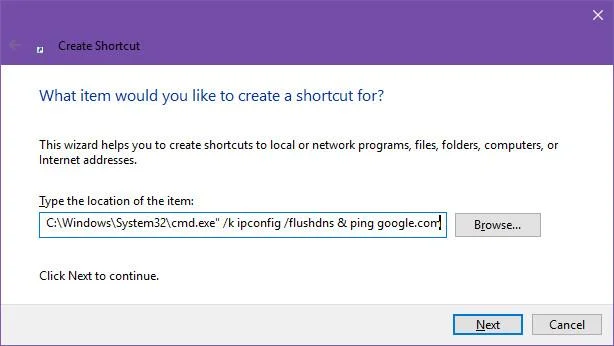 Arahan untuk mencipta pintasan untuk menjalankan arahan Command Prompt