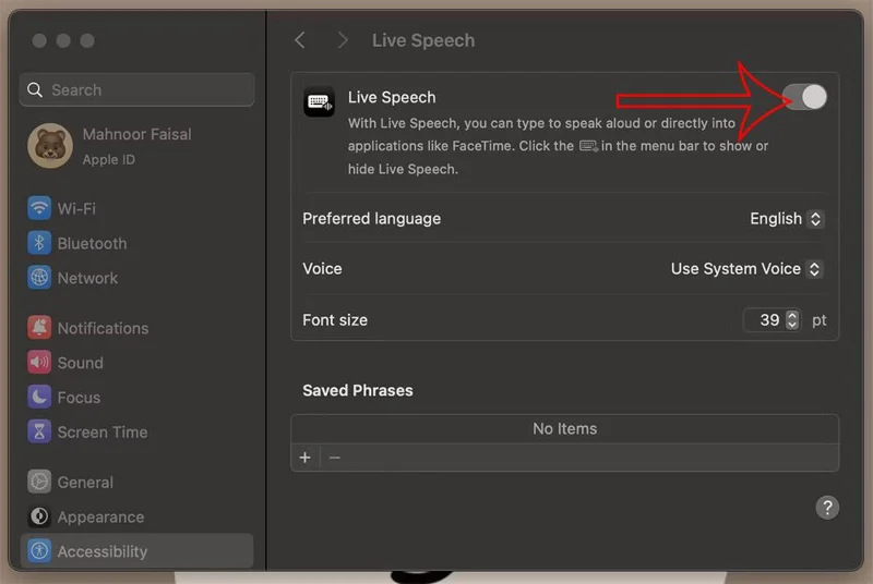 Arahan untuk menggunakan Live Speech untuk memanggil FaceTime