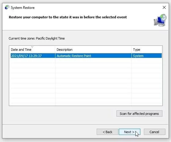Utiliser un point de restauration système