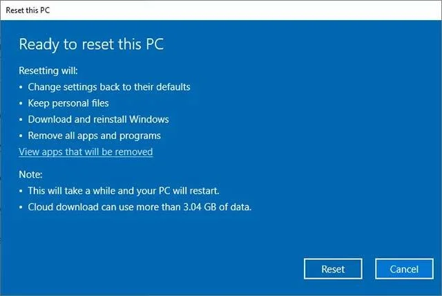 Cara menggunakan pilihan tetapan semula kilang Windows 10 dari awan