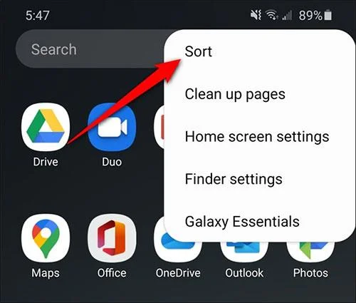 Cara mengisih apl Galaxy S20 menunjukkan mengikut abjad