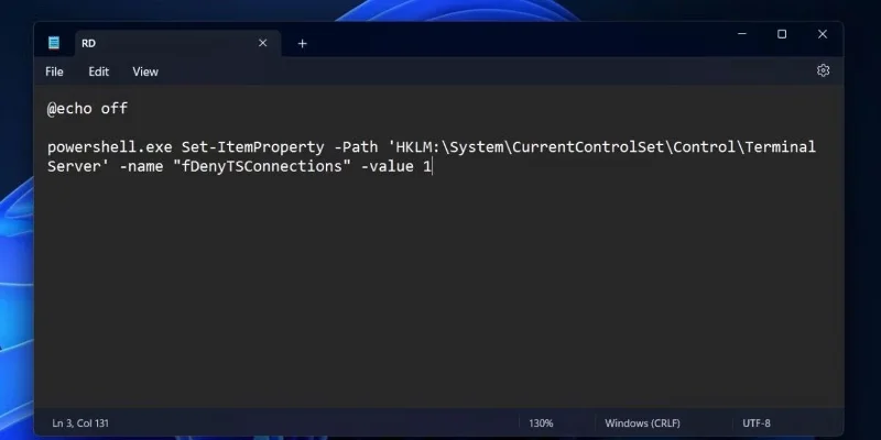 ใช้ไฟล์แบตช์ในการปิดการใช้งาน Remote Desktop