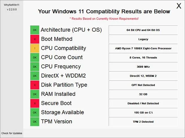 WhyNotWin11: コンピューターが Windows 11 にアップグレードできるかどうかを確認し、明確な理由を示します