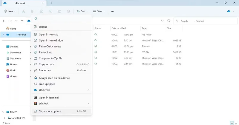 Mostra opzioni di OneDrive